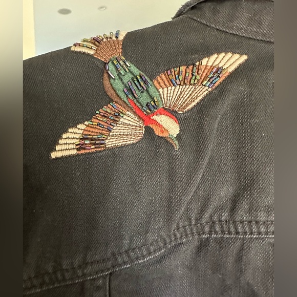 Unique Botanical Floral & Hummingbird Embroidered Black Denim Jacket M - Picture 13 of 16